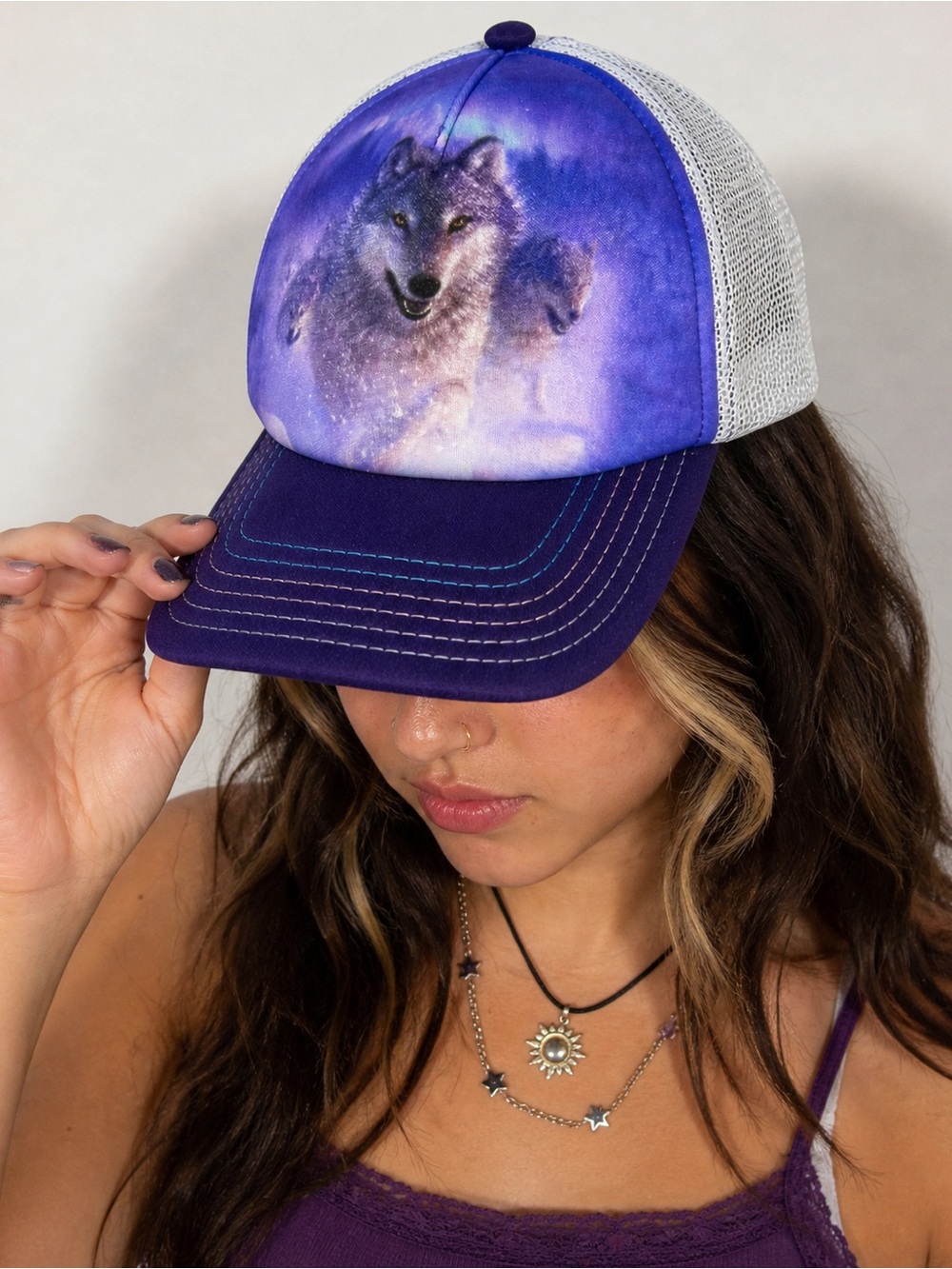 The Mountain Wolf Trucker Hat Purple Mesh Snapback Animal Graphic Cap OS